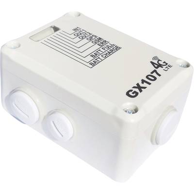 Un appareil électronique blanc portant l'inscription « GX107 4G LTE ». Il possède plusieurs ports et un guide de connexion imprimé.