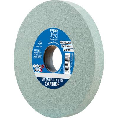 Disque de meulage circulaire avec étiquette bleue indiquant la marque 'Pferd', avec des spécifications telles que le diamètre de 150 mm, le matériau carbure et le grain 120.