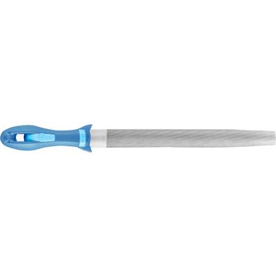 Une lime plate en métal avec une poignée en plastique bleu.
