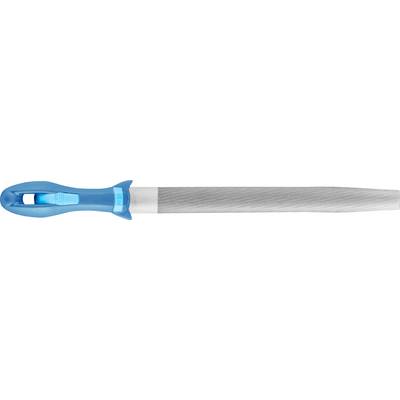 Une lime métallique bleue à poignée ergonomique. La lime possède une surface rugueuse et cylindrique pour le traitement des matériaux.
