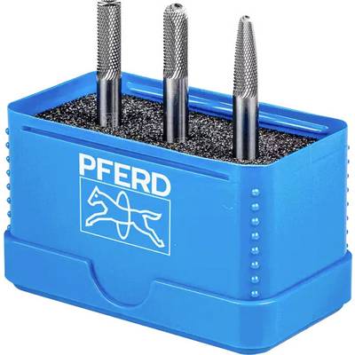 Un récipient bleu contenant trois fraises métalliques de différentes longueurs de PFERD. L'impression montre un logo de cheval.