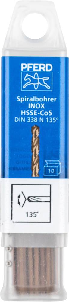 Boîte de forets de la marque 'PFERD' avec forets hélicoïdaux INOX, HSSE Co5, DIN 338 N 135°. Contient 10 pièces. Illustration du foret et détails.