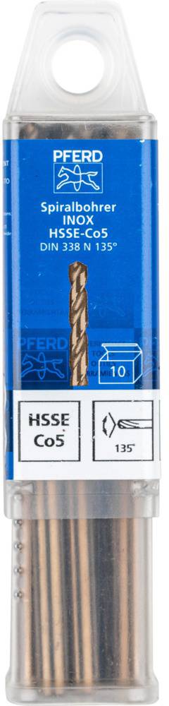 Coffret de forets en métal de 'Pferd' pour acier inoxydable, en HSS-Co5, DIN 338 N 135°, 10 pièces dans un emballage transparent.