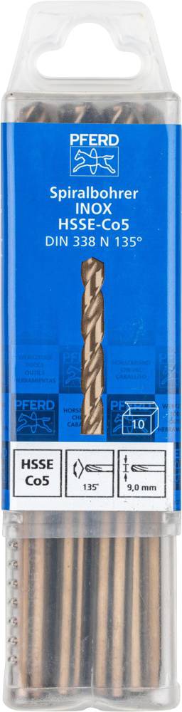 Foret de remplacement en HSS-Co5, hélicoïdal, pour acier inoxydable, 10 pièces, de diamètre 9,0 mm et norme DIN 338 N 135°.