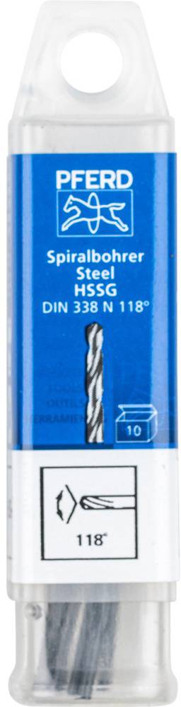 Emballage d'un foret hélicoïdal portant l'inscription 'PFERD', adapté à l'acier, HSS-G, DIN 338, avec pointe à 118 degrés, lot de 10 pièces.