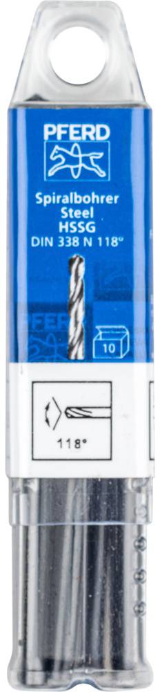 Emballage de foret hélicoïdal 'PFERD'. Inscription : 'Foret hélicoïdal acier HSS-G DIN 338 N 118°'. Contient 10 pièces.