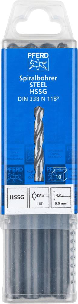 Un lot de dix forets hélicoïdaux en acier, marqués 'DIN 338 N 118°'. L'emballage est principalement bleu avec un capuchon transparent.