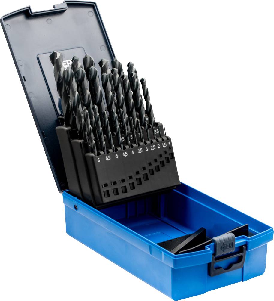 Une valise bleue ouverte contenant 19 forets hélicoïdaux différents dans un support, triés par taille de 1 à 10 mm.
