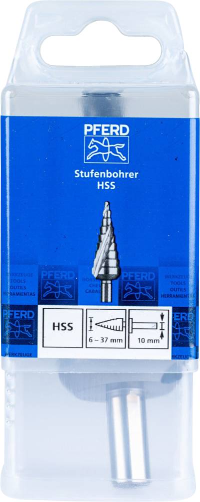 Emballage de produit avec un fond bleu présentant un foret étagé HSS. Inscription : « 6 - 37 mm, 10 mm ». Marque « PFERD ».