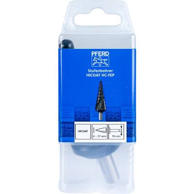 'PFERD Fraise étagée HICOAT HC-FEP' sur fond bleu. Représentée est une fraise étagée noire aux dimensions de 6-37 mm et 10 mm.