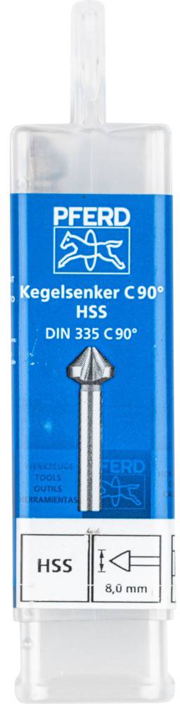 'PFERD Fraise à chanfreiner conique 90°, HSS, DIN 335 C 90°, 8,0 mm.' Emballage d'une fraise à chanfreiner avec informations produit et logo.