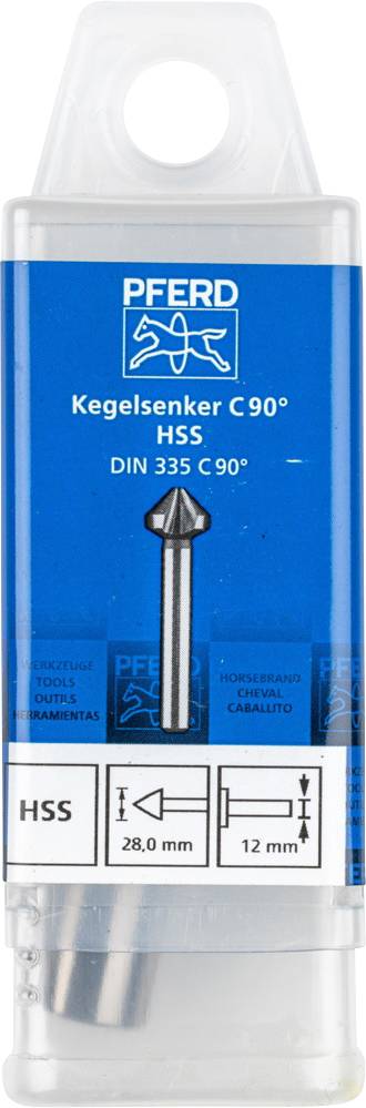 Emballage d'un fraise à chanfreiner conique de la marque 'Pferd', modèle C90°, en HSS, selon la norme DIN 335 C 90°, de 28 mm de diamètre et avec une tige de 12 mm.