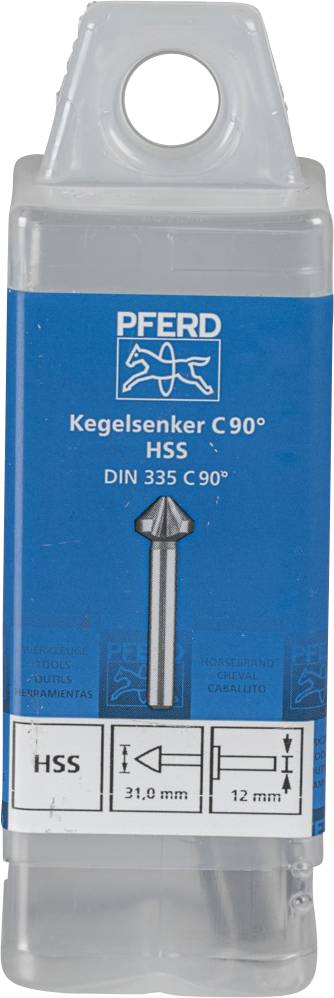 Emballage d'un foret conique à 90° en acier rapide (HSS), marque PFERD, DIN 335 C 90°, dimensions : Ø 21 mm, 12 mm.