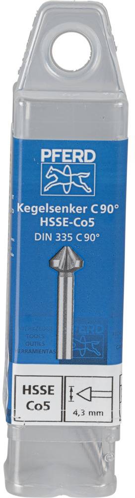 Fraise à chanfreiner avec emballage ; inscription : « PFERD Fraise à chanfreiner C 90° HSSE-Co5, DIN 335 C 90°, HSS Co5, 4,3 mm ».