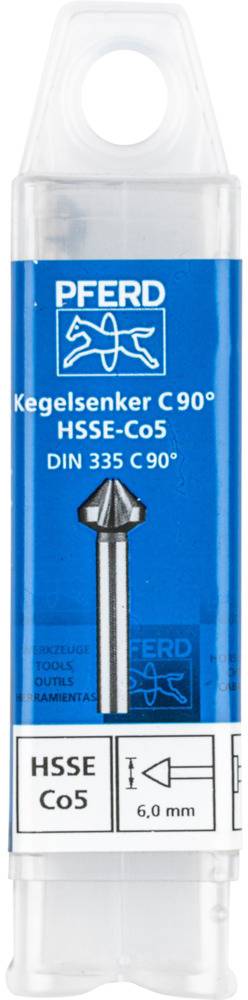 Fraise à chanfreiner de cheval, HSSE-Co5, 90°, DIN 335, diamètre 6,0 mm, présentée dans un étui en plastique transparent avec étiquette.