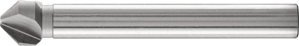 Un foret fraiseur conique en métal gris, à tige cylindrique. Utilisé pour le fraisage dans les matériaux métalliques.