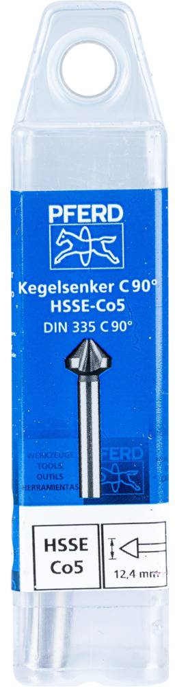 Conteneur en plastique bleu portant l'inscription « Fraise à chanfreiner C 90° HSSE-Co5 DIN 335 C 90° », montrant un outil métallique de chanfreinage.