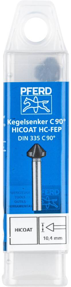 Emballage d'un foret fraiseur à 90° avec chanfrein. Marque : Pferd. Nom du modèle : HICOAT HC-FEP, DIN 335 C 90°, Diamètre : 10,4 mm.