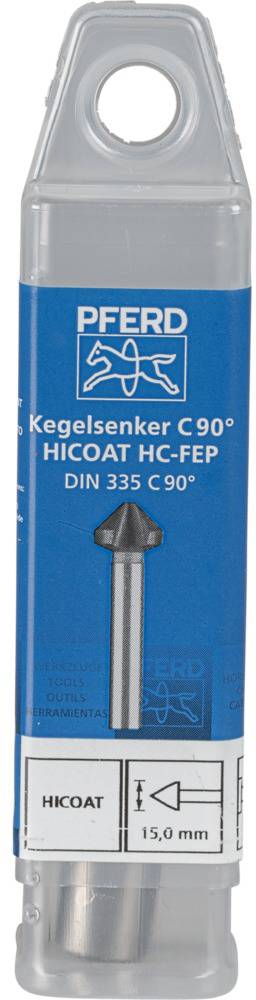 Emballage d'un foret conique de fraisage de marque 'PFERD', HICOAT HC-FEP, C 90° selon DIN 335, diamètre 15,0 mm.