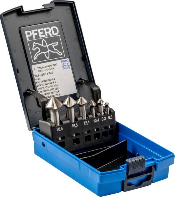 <br> PFERD TOOLS<br> SET KES HSSE DIN 335 C90° 6<br> 25202157<br> Jeu de fraises coniques<br> 6.3 mm, 8.3 mm, 10.4 mm, 12.4 mm, 16.5 mm, 20.5 mm<br> HSS<br> <br> <br> 1 pc(s)<br>