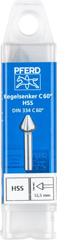 'PFERD Fraise à chanfreiner conique 60° HSS DIN 334 C 60°', Emballage avec illustration d'une fraise à chanfreiner conique. 'HSS', '12,5 mm' sur l'étiquette.