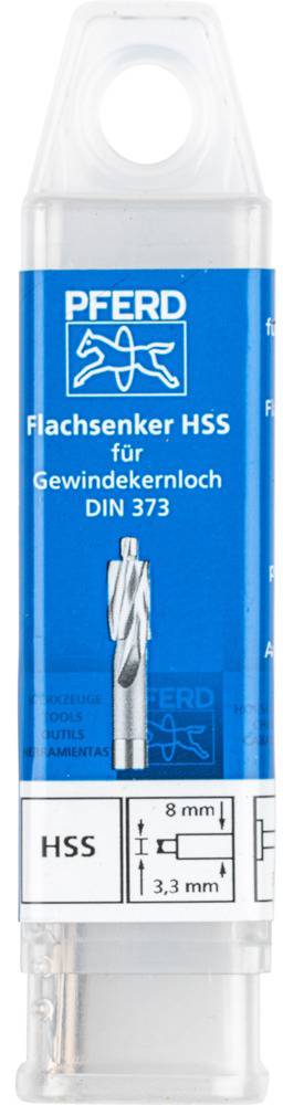 Emballage d'un fraisoir à chanfreiner HSS de PFERD, adapté pour l'alésage de filetage selon la norme DIN 373. Diamètre indiqué : 8 mm, perçage : 3,3 mm.