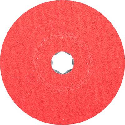 Un disque abrasif rouge de forme circulaire avec un trou central, utilisé pour le meulage de surfaces ou l'usinage des métaux.