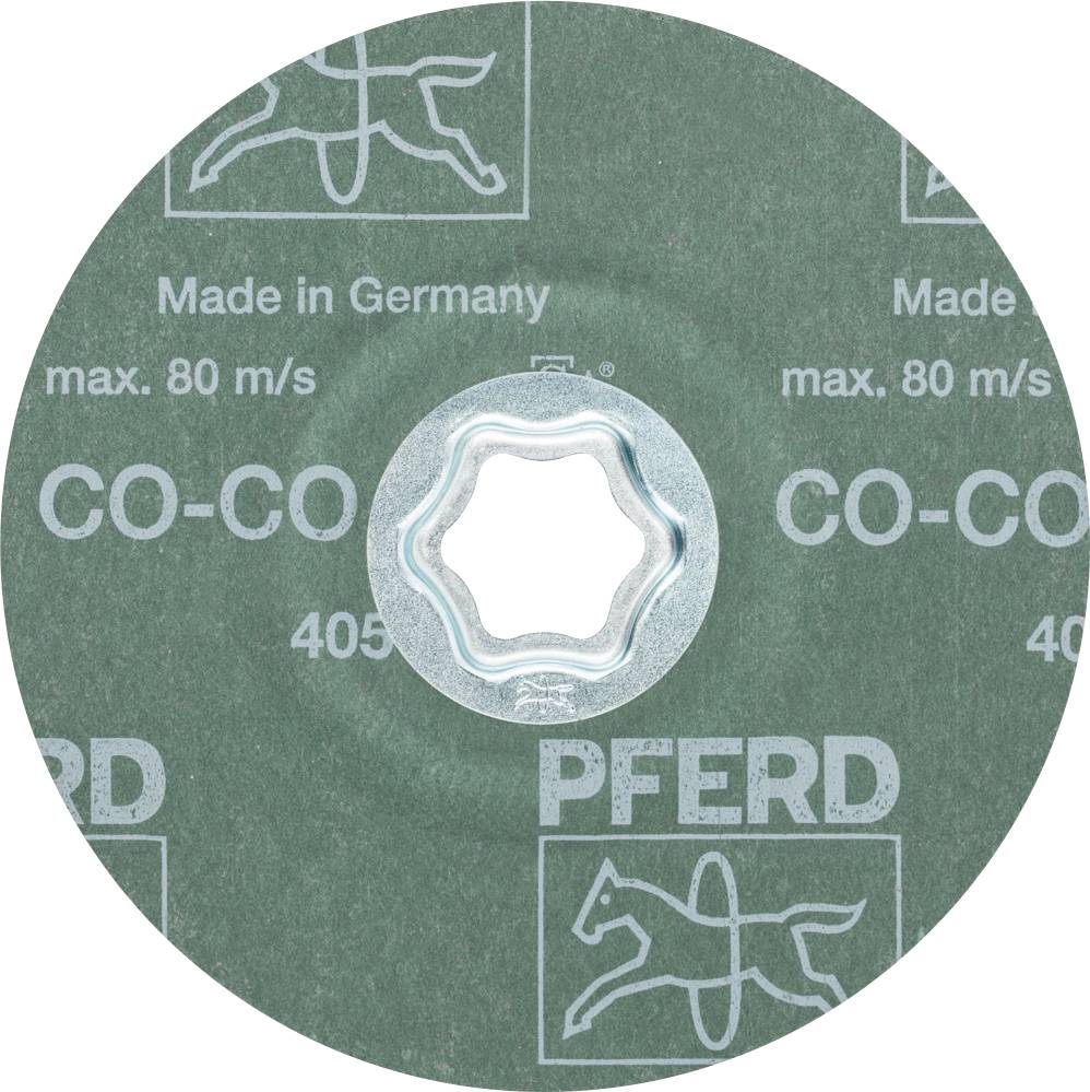 Disque abrasif portant l'inscription 'Made in Germany', vitesse max. 80 m/s. Marque 'PFERD'. Design vert avec écriture blanche et logo.