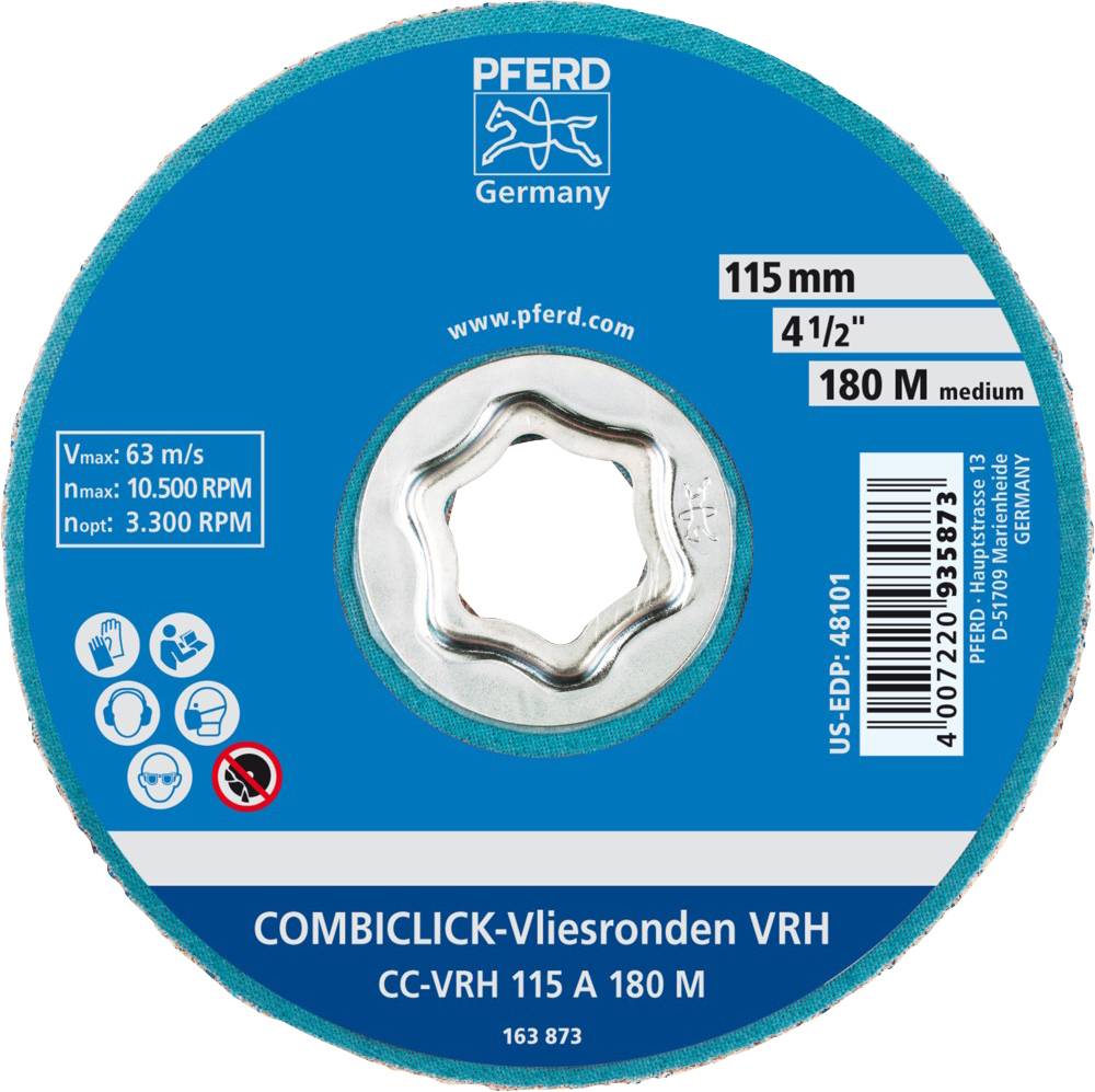 'COMBICLICK-Disques non-tissés VRH', Disque abrasif, diamètre 115 mm, grain 180, vitesse maximale 63 m/s, vitesse de rotation maximale 10 500 tr/min.
