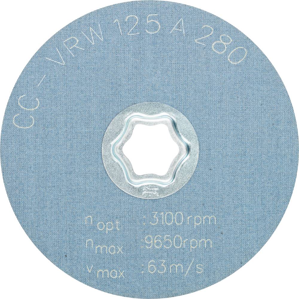 Disque abrasif portant l'inscription 'CC-VRW 125 A 280'. Vitesse de rotation optimale : 3100 tr/min, vitesse de rotation maximale : 9650 tr/min, vitesse maximale : 63 m/s.