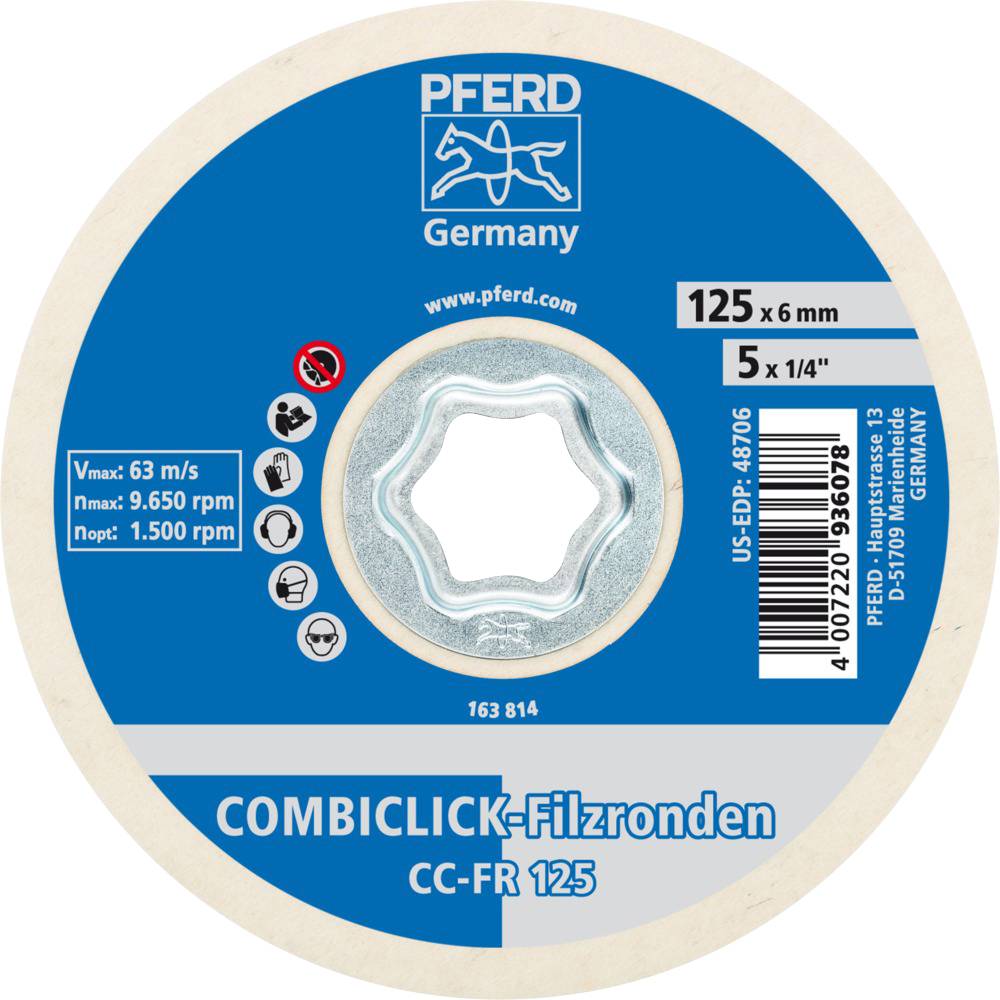 Disque abrasif rond avec centre bleu, texte 'Rondelles de feutrage COMBICLICK', diamètre 125 x 6 mm, informations produit dans un cercle.