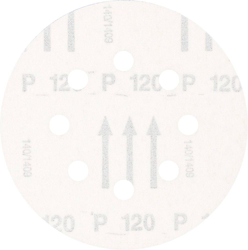 Disque de ponçage à six trous portant l'inscription 'P 120', avec des flèches de direction indiquant le sens de ponçage.