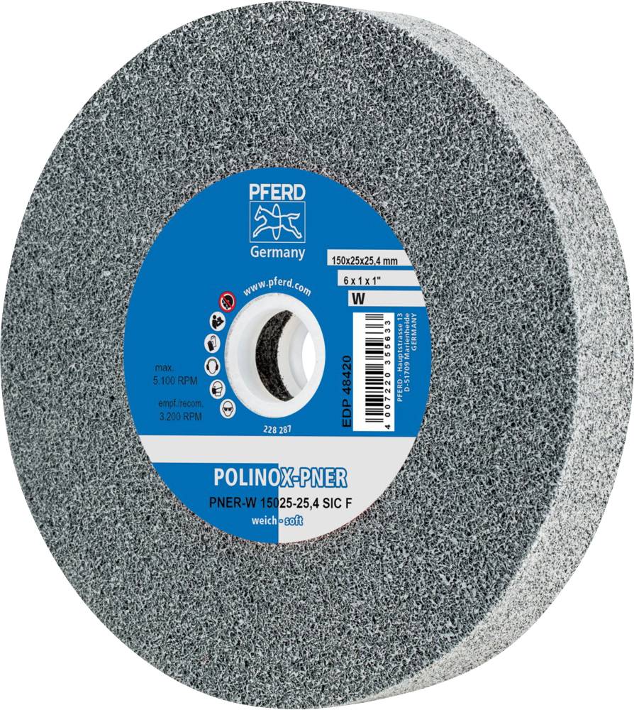 Disque abrasif 'PFERD POLINOX-PNER', 150x25,4mm, max. 5100 tr/min, surface grise, étiquette bleue avec logo et informations produit.