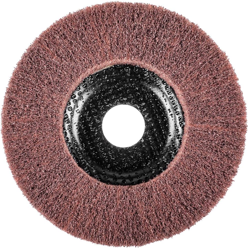 Disque abrasif à structure de poils rougeâtres et centre noir. Utilisé pour le traitement de surface lisse et l'enlèvement de métal.