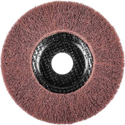 Disque abrasif à structure de poils rougeâtres et centre noir. Utilisé pour le traitement de surface lisse et l'enlèvement de métal.