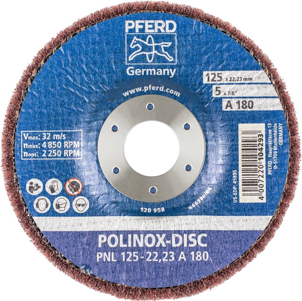 Disque abrasif pour l'usinage des métaux, marque 'PFERD', modèle 'POLINOX-DISC PNL 125-22,23 A 180', vitesse de rotation 4 850 tr/min, vitesse maximale 32 m/s.
