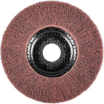 Brosse abrasive avec une couronne de poils dense et rouge. Noyau métallique rond au centre, principalement adaptée aux travaux de polissage et de meulage.