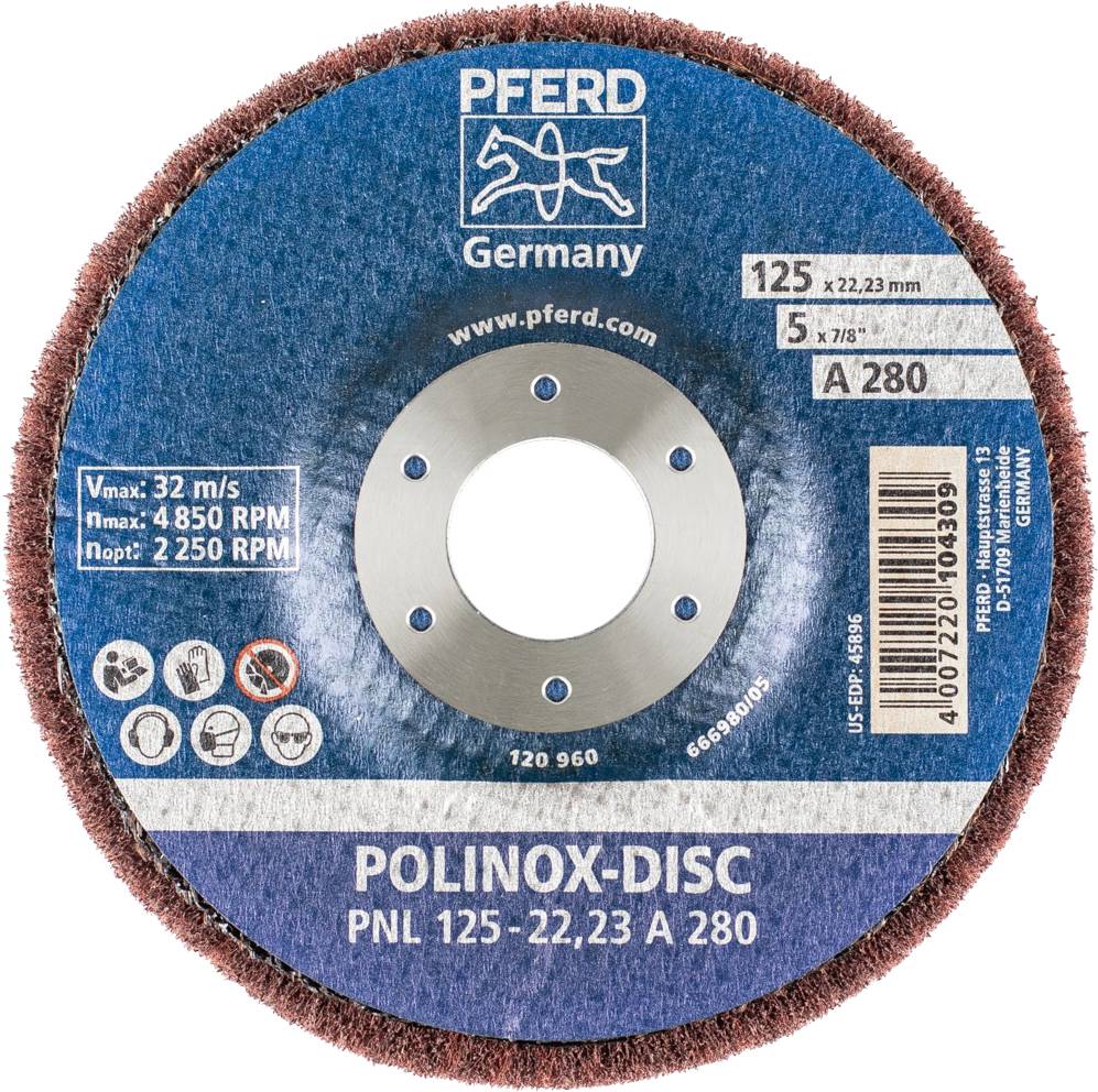 Disque abrasif portant l'inscription 'PFERD Germany'. Détails : 125 x 22,23 mm, vitesse max. 32 m/s, 4 850 tr/min. Type : Disque Polinox-Disc PNL 125-22,23 A 280.