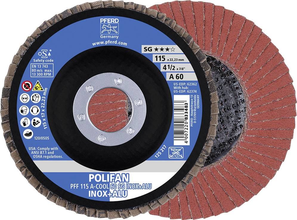 Disque abrasif avec disque métallique central et lamelles abrasives rouges, adapté pour l'acier inoxydable et l'aluminium, marque Pferd.