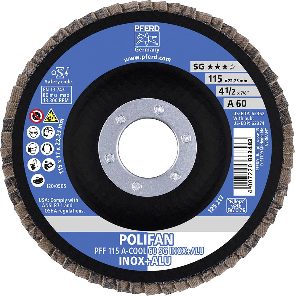 Disque à meuler avec emballage bleu. Caractéristiques : 'PFERD Germany', diamètre 115 mm, pour acier inoxydable et aluminium, vitesse de rotation 13 300 tr/min.