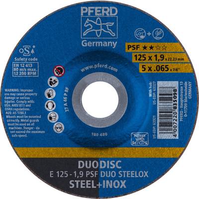 Vue d'un disque à tronçonner pour acier et acier inoxydable, modèle Duo Disc PSF, diamètre 125 mm. Avertissements et informations de sécurité imprimés.