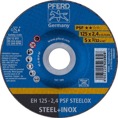 Disque à tronçonner 'PFERD Germany', dimensions 125x2,4 mm, pour acier et inox, vitesse max. 12 200 tr/min. Contient des informations de sécurité et des instructions d'utilisation.
