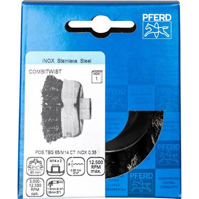 Brosse métallique en acier inoxydable 'PFERD' en carton, type 'COMBITWIST', taille 65mm, filetage M14x2. Adaptée pour meuleuse d'angle.