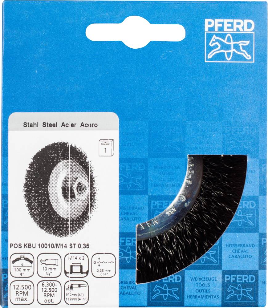 Emballage d'une brosse métallique PFERD, max. 12 500 tr/min, diamètre 100x10 mm, pour appareils avec filetage M14, montrant les détails techniques.