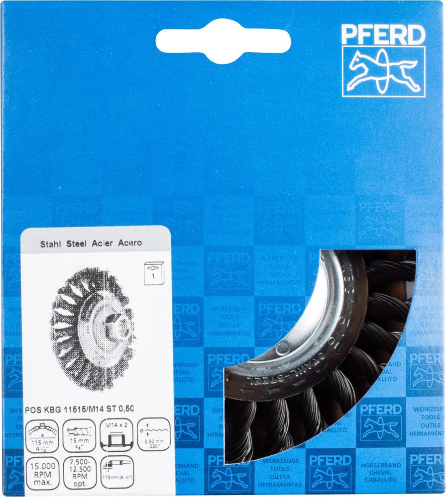 Brosse métallique 'PFERD' en emballage blister, adaptée aux perceuses. Vitesse de rotation maximale de 15 000 tr/min, Ø 115 mm, filetage M14.