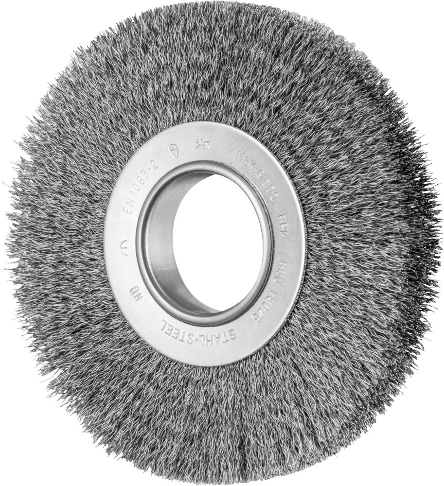 Brosse métallique à fil d'acier de forme ronde, adaptée pour éliminer la rouille ou la peinture sur des surfaces métalliques.
