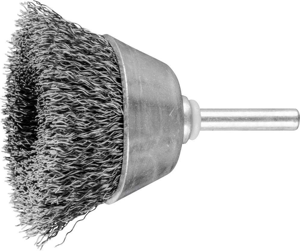 Brosse métallique ronde avec corps en métal et long manche, composée de poils métalliques pour embouts de perceuse, sur fond blanc.