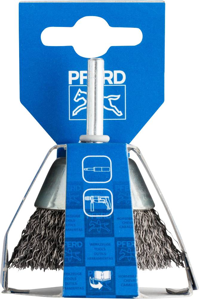 Brosse métallique dans un emballage bleu avec un motif de cheval et le logo 'PFERD'. Adaptée pour le nettoyage et le décapage des surfaces métalliques.