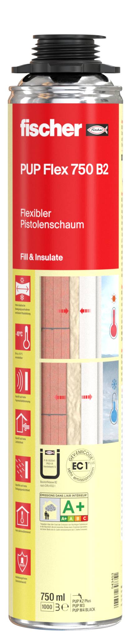 Un bidon de mousse de polyuréthane flexible Fischer PUP Flex 750 B2, avec étiquette rouge et jaune, présenté verticalement sur fond blanc.