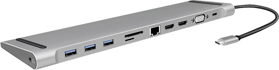 Station d'accueil USB-C multiports : trois ports USB, lecteur de cartes, ports HDMI, VGA et Ethernet.